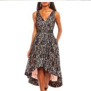 Eliza J Navy Lace Hi Low Hem Pink Underlay with Tulle Sleeveless Dress Size 14